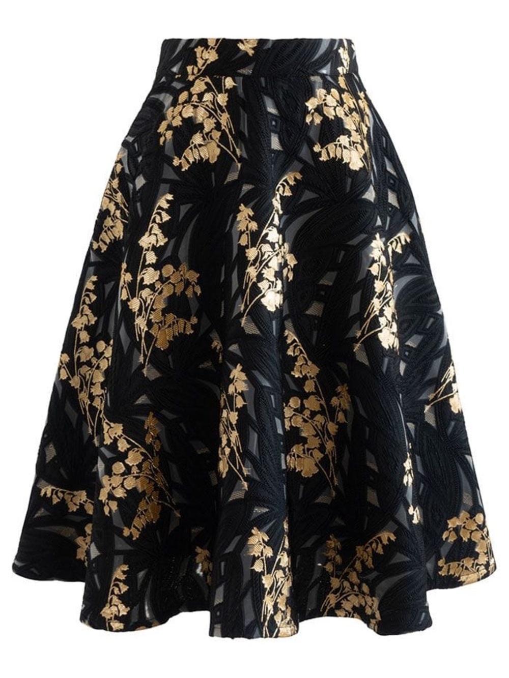 Chicwish Harebell Black Gold Embroidered Floral Jacquard A-line Midi Flare Skirt - Picture 6 of 6